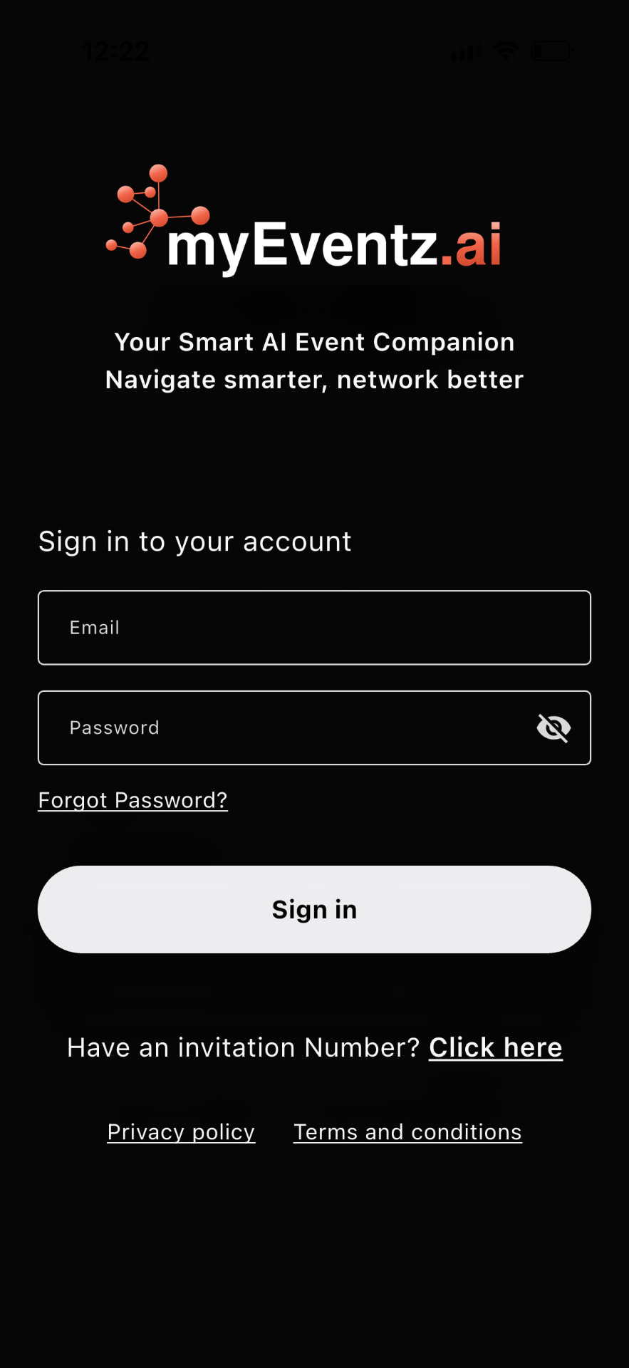 myEventz app sign-in screen