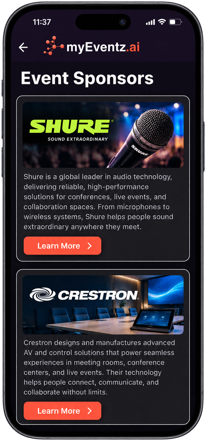 myEventz event app sponsor page sample showing Shure and Crestron sponsor profiles with company details and Learn More buttons